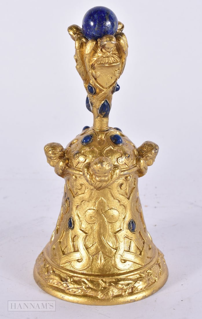 AN UNUSUAL 19TH CENTURY EUROPEAN BRONZE AND LAPIS LAZULI BELL. 15 cm high. (1 of 3)