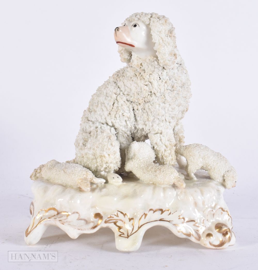 A 19TH CENTURY STAFFORDSHIRE ENCRUSTED POODLE GROUP with pups. 14 cm x 10 cm. (1 of 4)