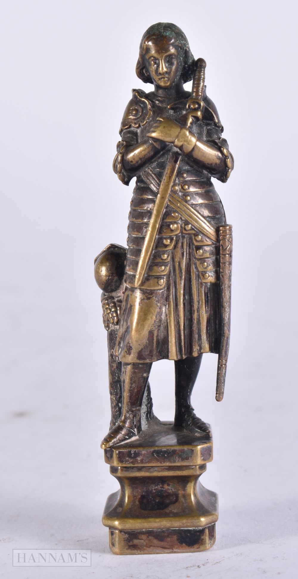 A FINE 19TH CENTURY EUROPEAN JOAN OF ARC DESK SEAL probably silver gilt. 131 grams. 8.5 cm high. (1 of 5)