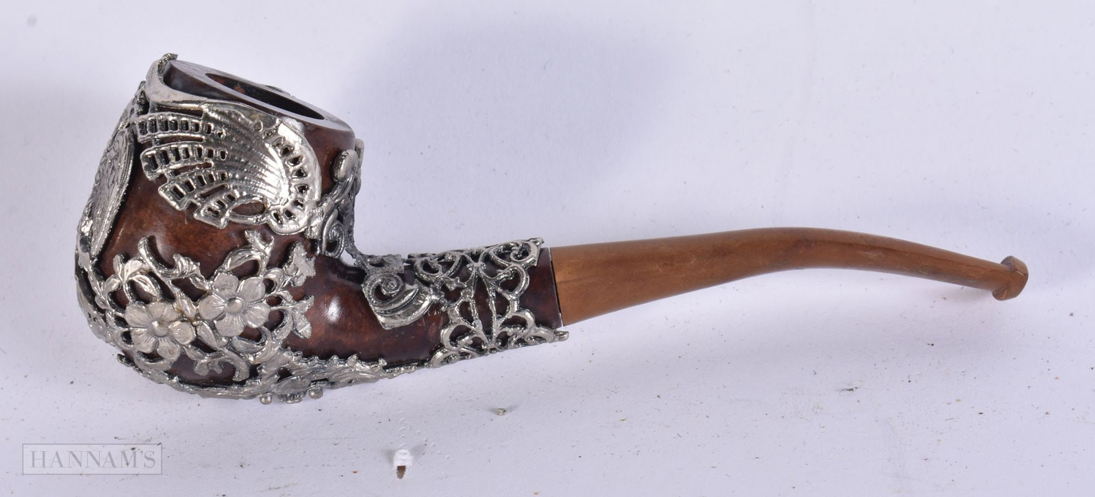 AN UNUSUAL WHITE METAL OVERLAID DOUBLE EAGLE PIPE. 14 cm wide. (1 of 3)