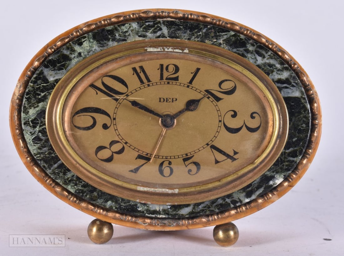 AN ART DECO FRENCH MARBLE AND SIENNA MARBLE CLOCK. 12 cm x 9.5 cm. (1 of 3)