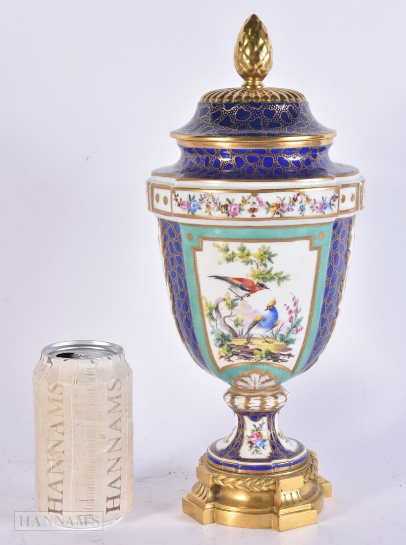 A FINE 19TH CENTURY FRENCH SEVRES PORCELAIN VASE AND COVER with gilt bronze mounts. 33 cm high.: A FINE 19TH CENTURY FRENCH SEVRES PORCELAIN VASE AND COVER with gilt bronze mounts. 33 cm high.