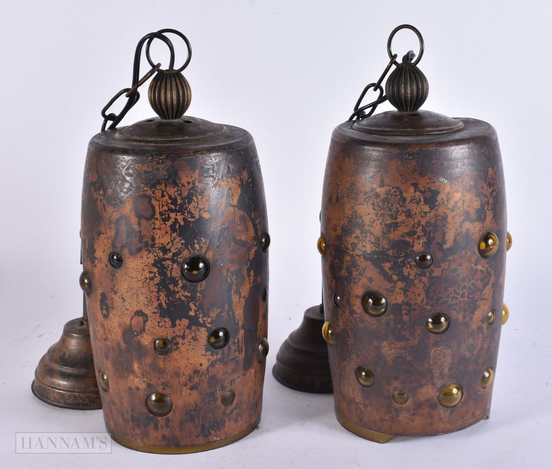 A PAIR OF NANNY STILL RAAK COPPER AMBER GLASS CEILING LAMPS. 58 cm high inc hangings. (1 of 3)