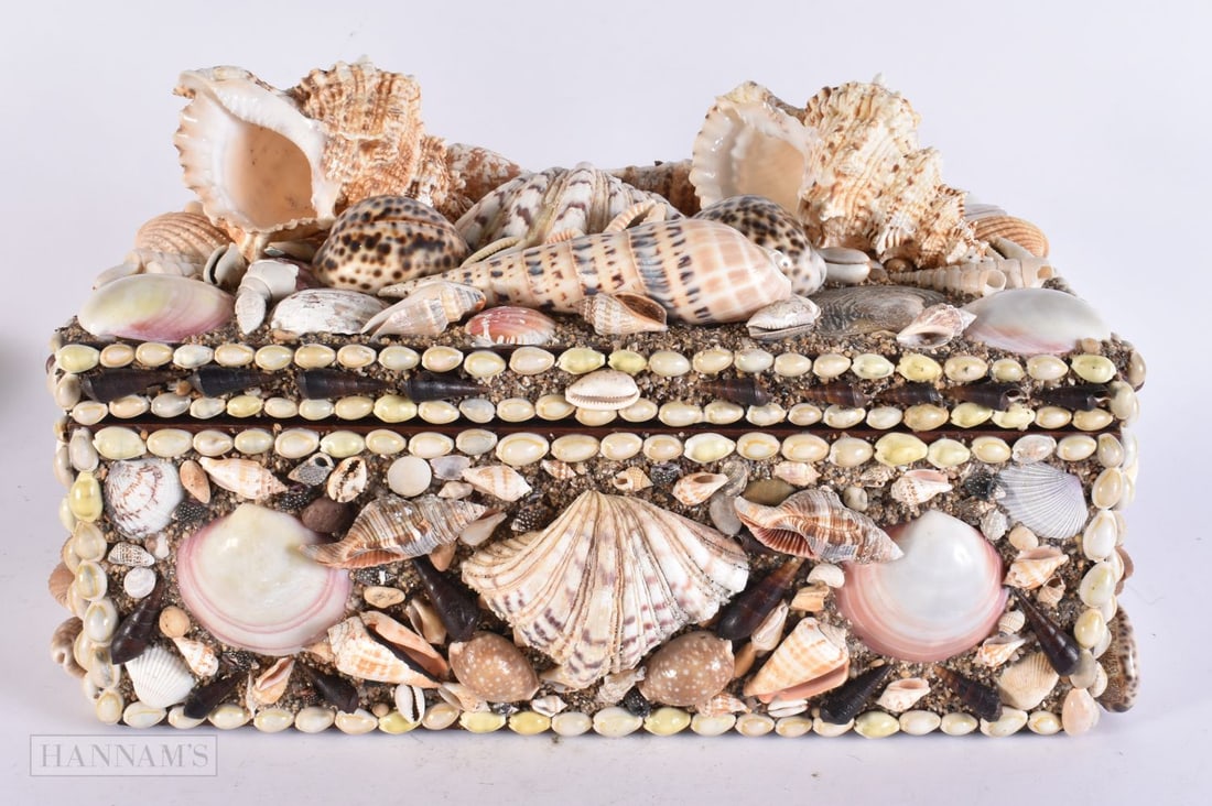 A FINE AND RARE MARITIME CURIO ENCRUSTED SHELL CASKET in the Manner of Anthony Redmile. 38 cm x 24 c (1 of 5)