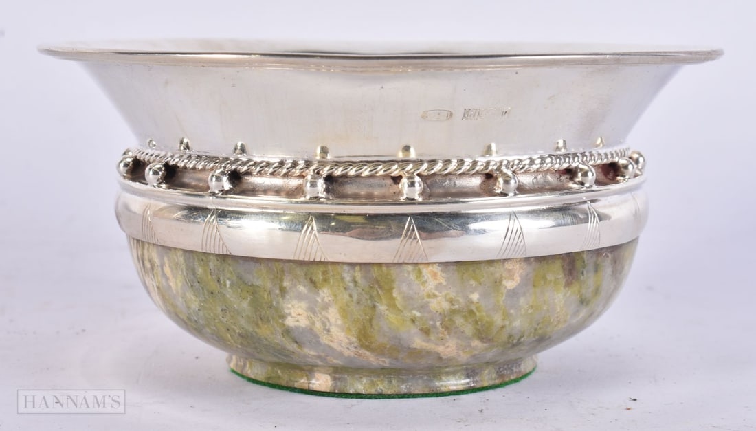 AN ART DECO SILVER AND HARDSTONE MAZER BOWL. 607 grams. 14 cm wide. (1 of 4)