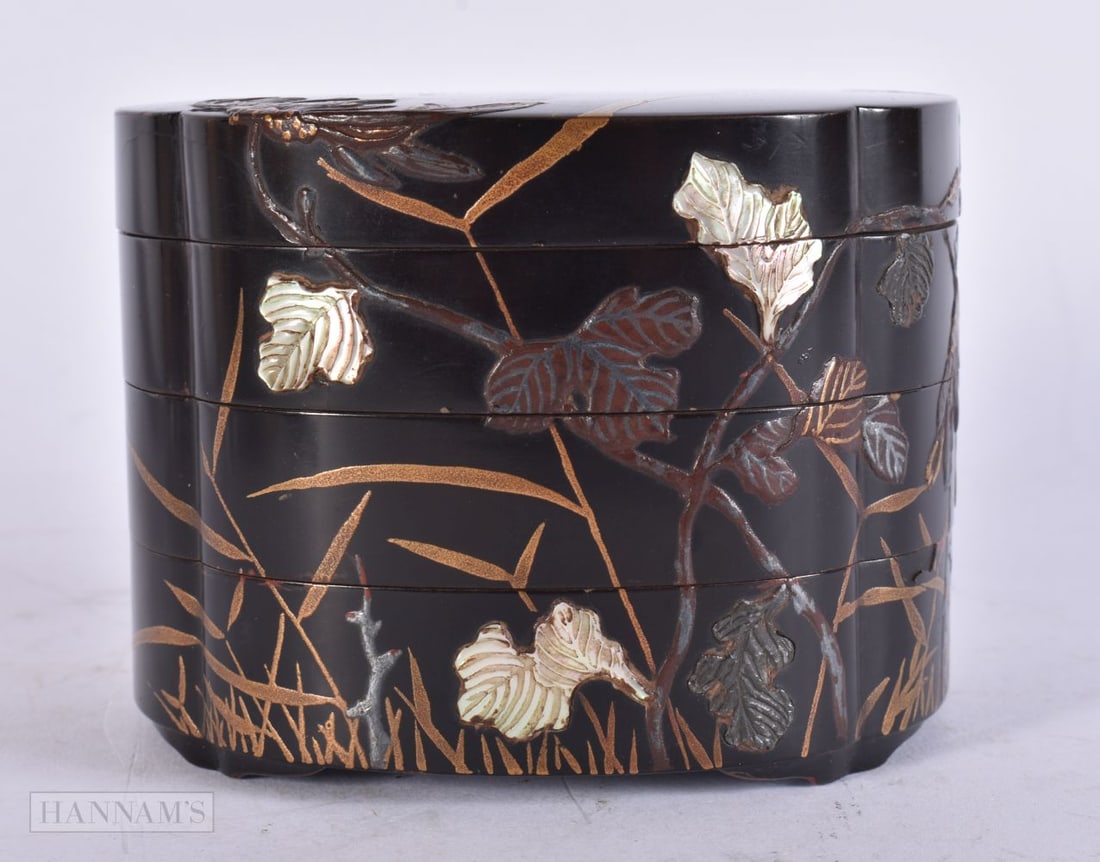 A 19TH CENTURY JAPANESE MEIJI PERIOD LACQUERED BOX AND COVER decorated with flowers. 8 cm x 10 cm. (1 of 6)