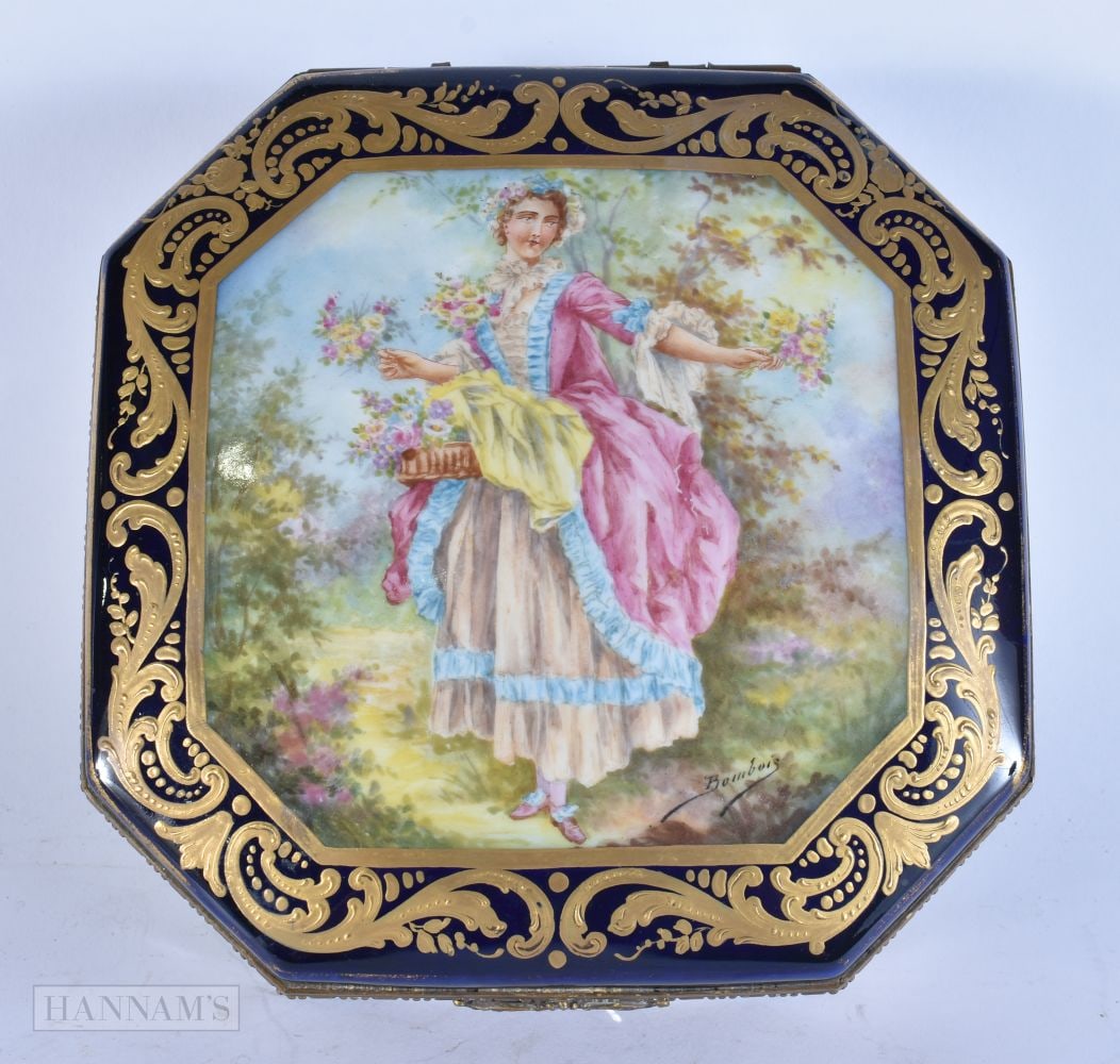 AN EARLY 20TH CENTURY FRENCH SEVRES STYLE PORCELAIN CASKET painted with a figure upon a rich blue an (1 of 5)