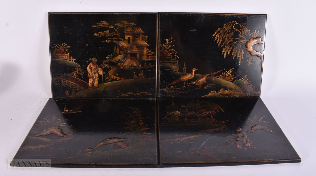 A SET OF FOUR 19TH CENTURY ENGLISH CHINOISERIE COUNTRY HOUSE LACQUERED PANELS. 27 cm x 22 cm. (4) (1 of 6)