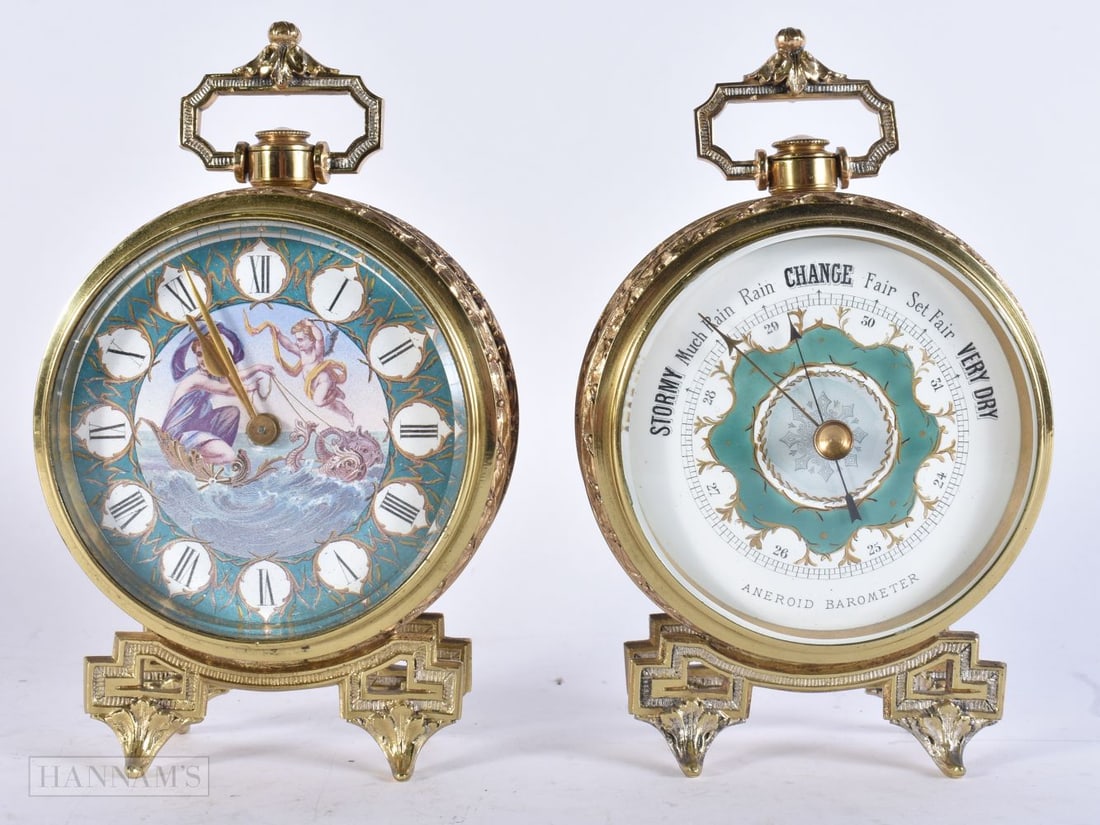 A PAIR OF ANTIQUE FRENCH GILT METAL CLOCK & BAROMETERS painted with mythical scenes. 17 cm x 9 cm. (1 of 3)