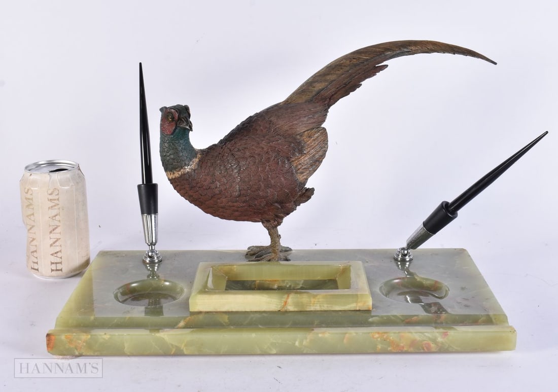 AN EARLY 20TH CENTURY AUSTRIAN COLD PAINTED BRONZE PHEASANT DESK STAND modelled standing upon an ony (1 of 4)