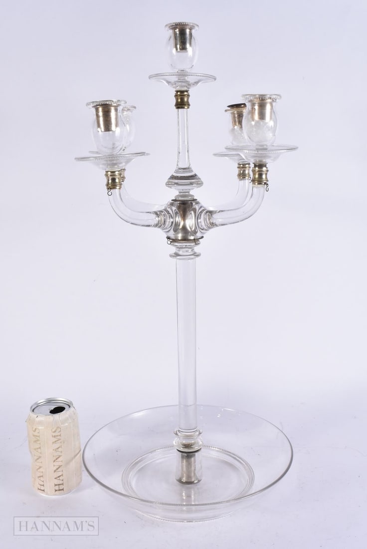 A LARGE EDWARDIAN GLASS CANDELABRA. 55 cm x 20 cm. (1 of 5)