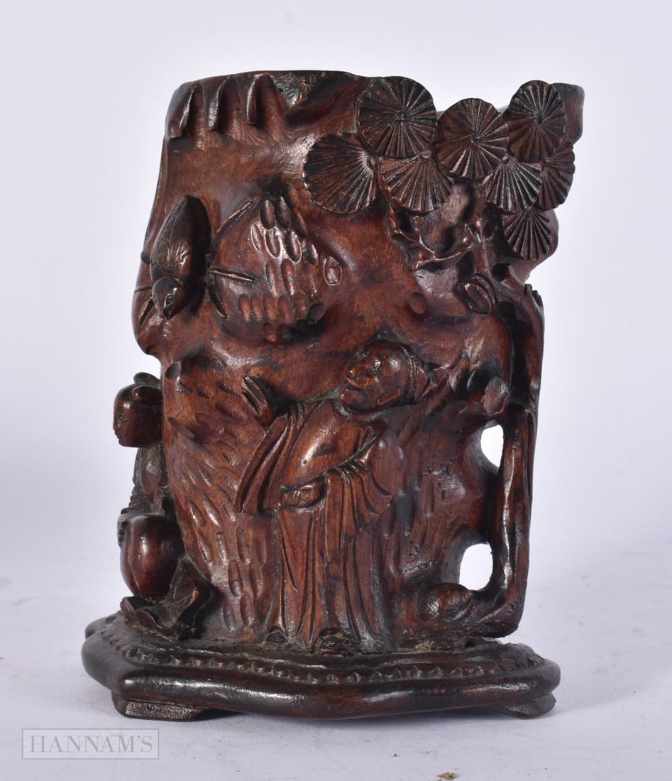 AN UNUSUAL 19TH CENTURY CHINESE CARVED WOOD BRUSH POT Qing, formed with figures and an insect. 14 cm: AN UNUSUAL 19TH CENTURY CHINESE CARVED WOOD BRUSH POT Qing, formed with figures and an insect. 14 cm x 9 cm.