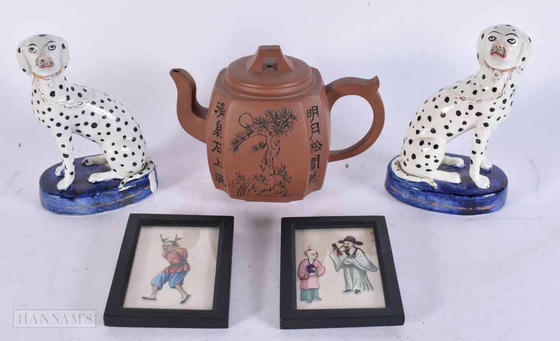 A CHINESE YIXING POTTERY TEAPOT together with a pair of pith paper watercolours & a pair of Stafford: A CHINESE YIXING POTTERY TEAPOT together with a pair of pith paper watercolours & a pair of Staffordshire spaniels. (5)