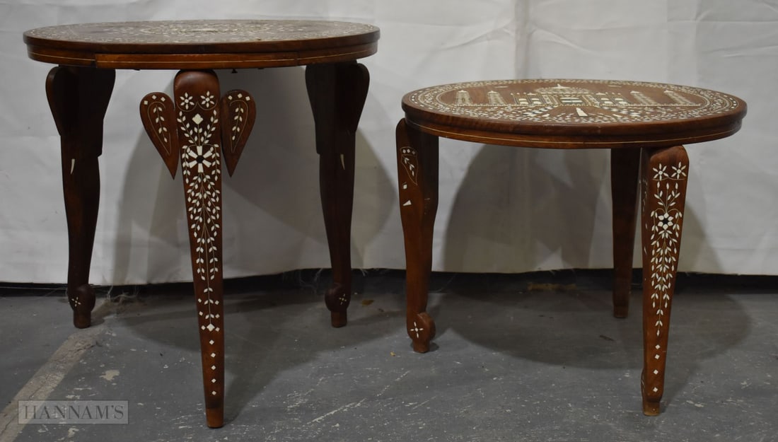 A PAIR OF INDIAN BONE INLAID ELEPHANT TABLES. 50 cm x 50 cm.: A PAIR OF INDIAN BONE INLAID ELEPHANT TABLES. 50 cm x 50 cm.