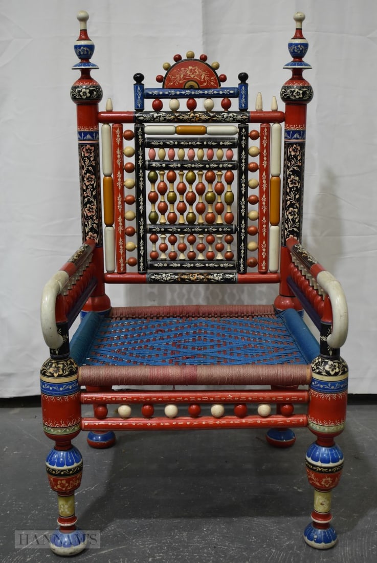 AN UNUSUAL FOLK ART PAINTED WOOD BOBBIN CHAIR. 54 cm x 58 cm x 107 cm. (1 of 5)