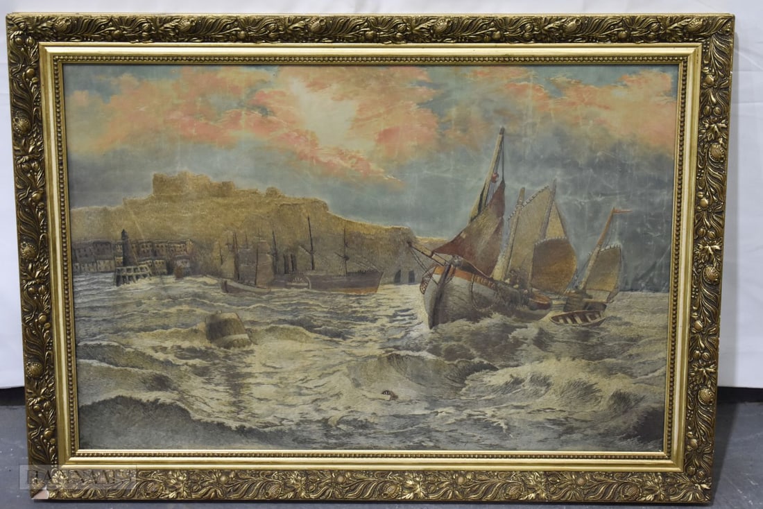 A 19TH CENTURY EMBROIDERED SILK WOOL WORK MARINE BOATING PANEL. 86 cm x 60 cm. (1 of 4)
