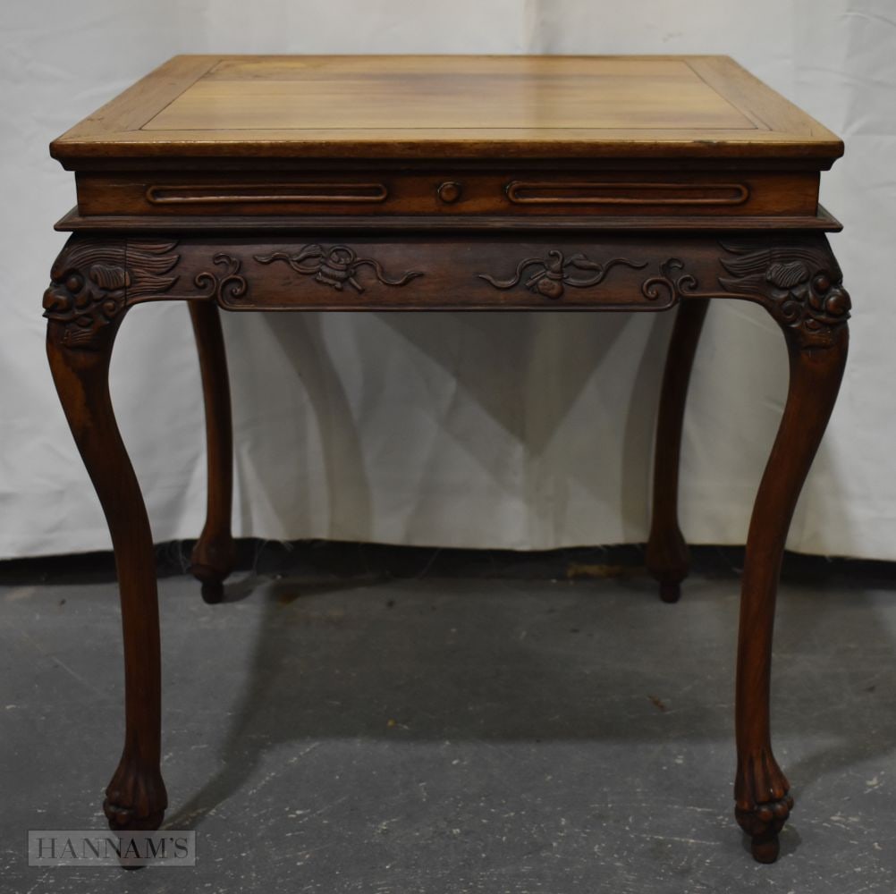 A 19TH CENTURY CHINESE CARVED HARDWOOD TABLE. 56 cm x 56 cm x 60 cm. (1 of 4)