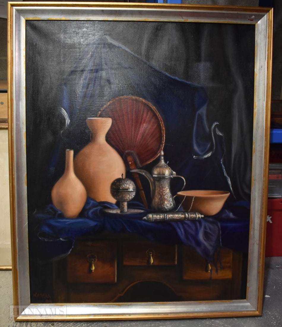 Turkish School (20th Century) Oil on canvas, still life. 112 cm x 90 cm, image 98 cm x 78 cm.: Turkish School (20th Century) Oil on canvas, still life. 112 cm x 90 cm, image 98 cm x 78 cm.