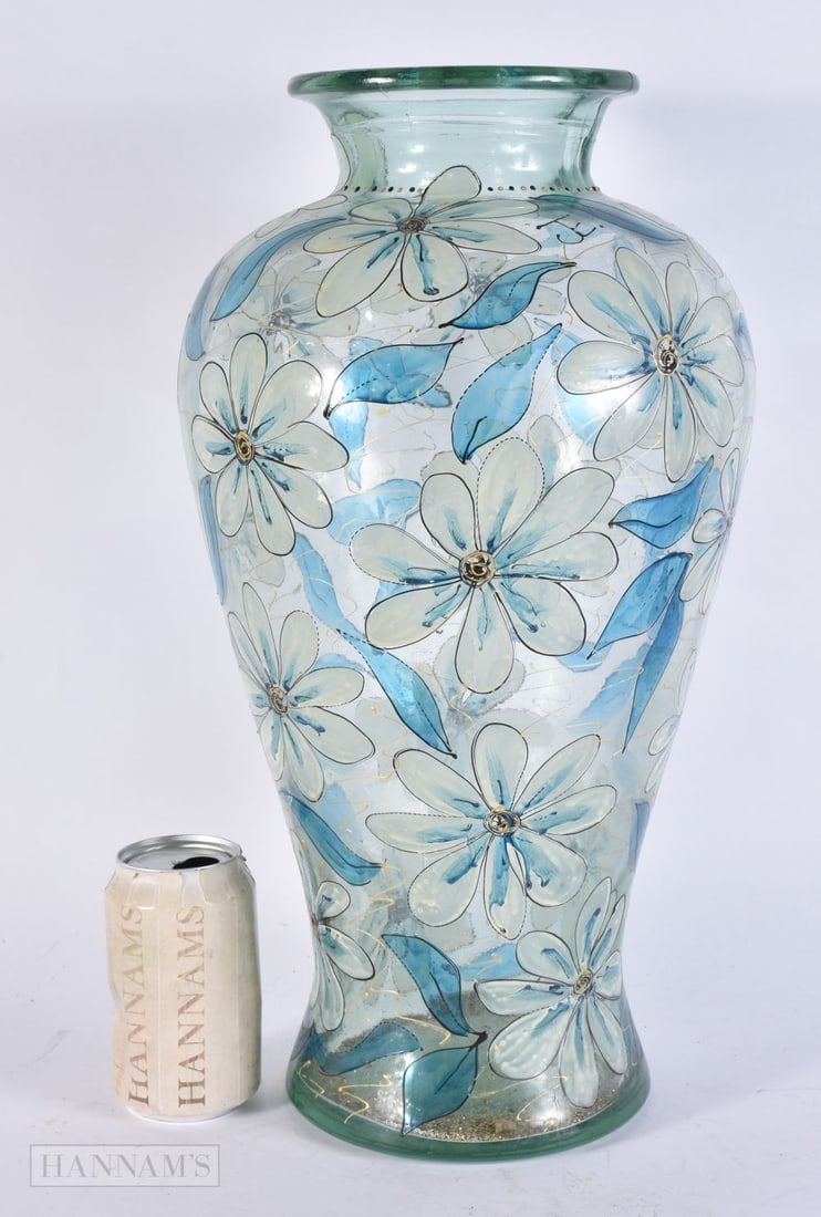 A LARGE ENAMELLED ART GLASS FLOWER VASE. 44 cm x 18 cm. (1 of 5)
