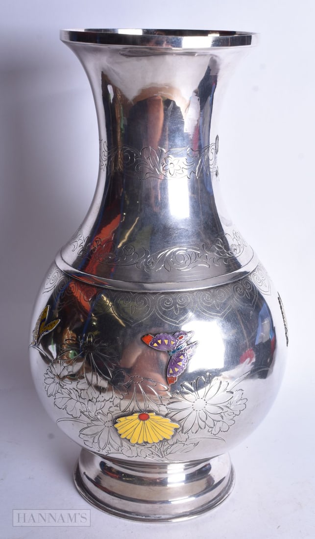A JAPANESE MEIJI PERIOD SILVER VASE DECORATED WITH ENAMELLED BUTTERFLIES. 34 cm high. (1 of 5)