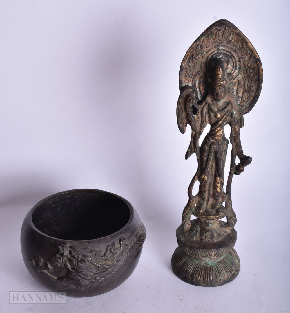 A CHINESE GILT BRONZE FIGURE OF GUANYIN TOGETHER WITH A BRONZE DRAGON BOWL. 20.5 cm high. (2): A CHINESE GILT BRONZE FIGURE OF GUANYIN TOGETHER WITH A BRONZE DRAGON BOWL. 20.5 cm high. (2)