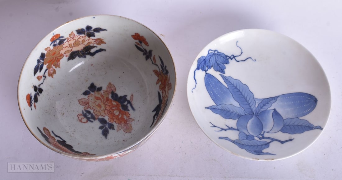 A JAPANESE NABESHIMA BLUE AND WHITE DISH TOGETHER WITH A IMARI BOWL. 7 x 15 cm. (2) (1 of 3)