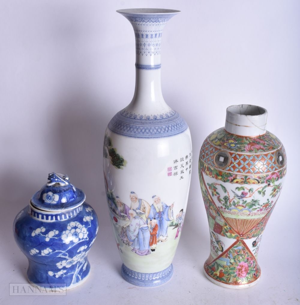 A CHINESE CANTON FAMILLE ROSE VASE TOGETHER WITH TWO CHINESE VASES. 34 cm high. (3) (1 of 4)