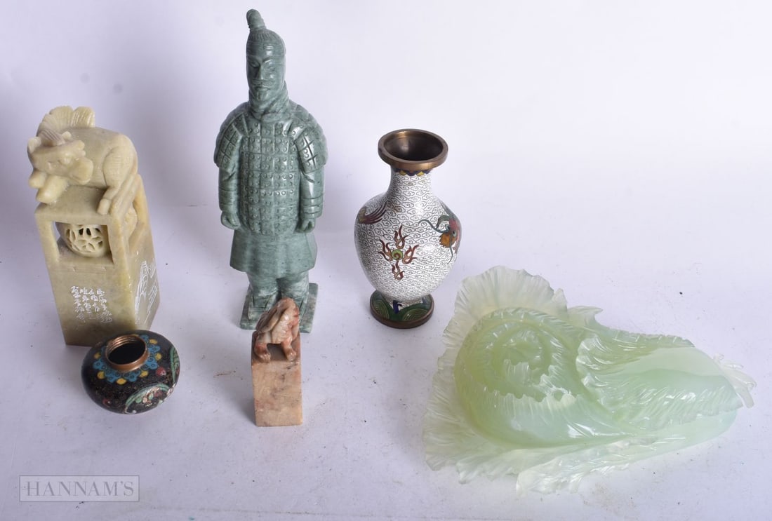 A COLLECTION OF CHINESE ITEMS including JADE, CLOISONNE etc. 16 x 13 cm. (6): A COLLECTION OF CHINESE ITEMS including JADE, CLOISONNE etc. 16 x 13 cm. (6)