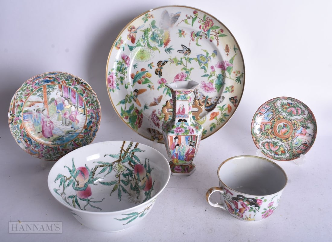 A COLLECTION OF CHINESE CANTON FAMILLE ROSE PORCELAIN. 25 cm diameter. (6) (1 of 2)