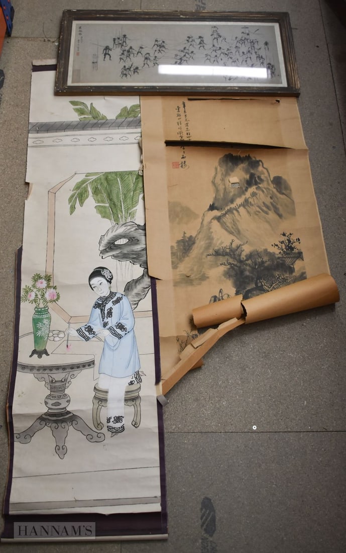 A COLLECTION OF CHINESE PAINTINGS. largest 120 x 30 cm. (3) (1 of 4)