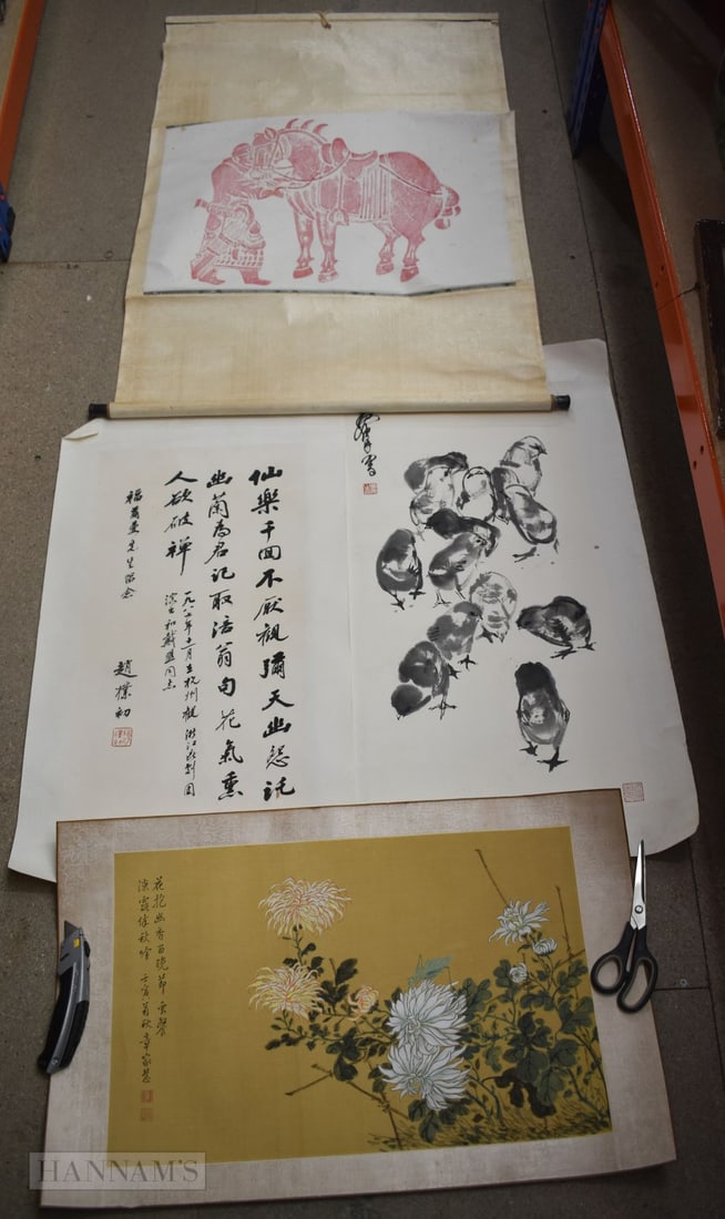 A COLLECTION OF CHINESE PAINTINGS including a scroll. largest 81 x 40 cm. (4) (1 of 4)