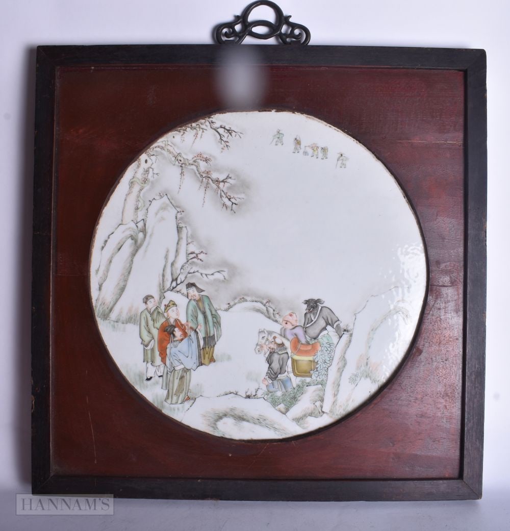 A CHINESE FAMILLE ROSE `JOURNEY TO THE WEST` CIRCULAR PORCELAIN PLAQUE. 35.5 cm diameter.: A CHINESE FAMILLE ROSE `JOURNEY TO THE WEST` CIRCULAR PORCELAIN PLAQUE. 35.5 cm diameter.