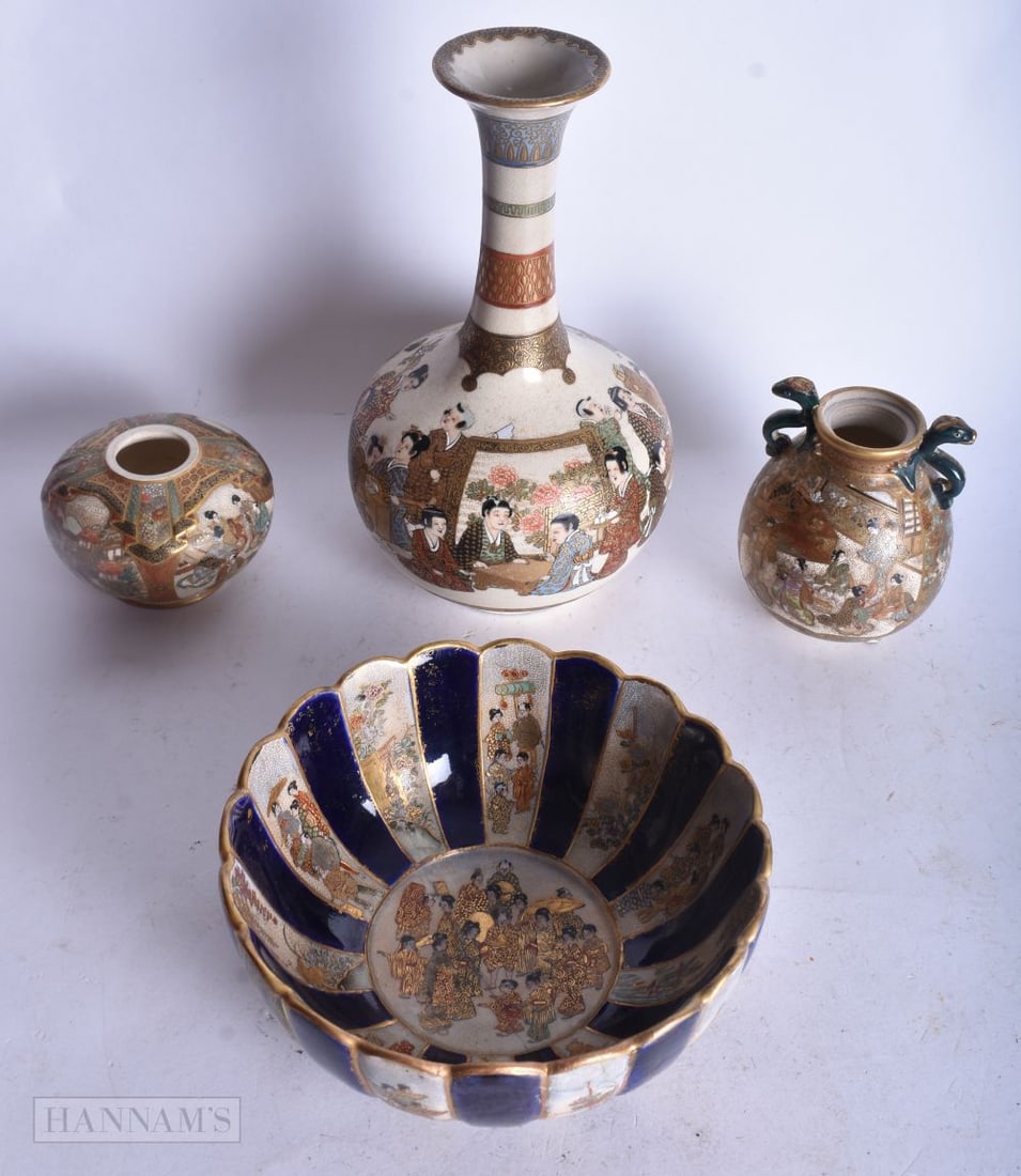 A COLLECTION OF JAPANESE SATSUMA PORCELAIN WEARS. 19 cm high. (4): A COLLECTION OF JAPANESE SATSUMA PORCELAIN WEARS. 19 cm high. (4)