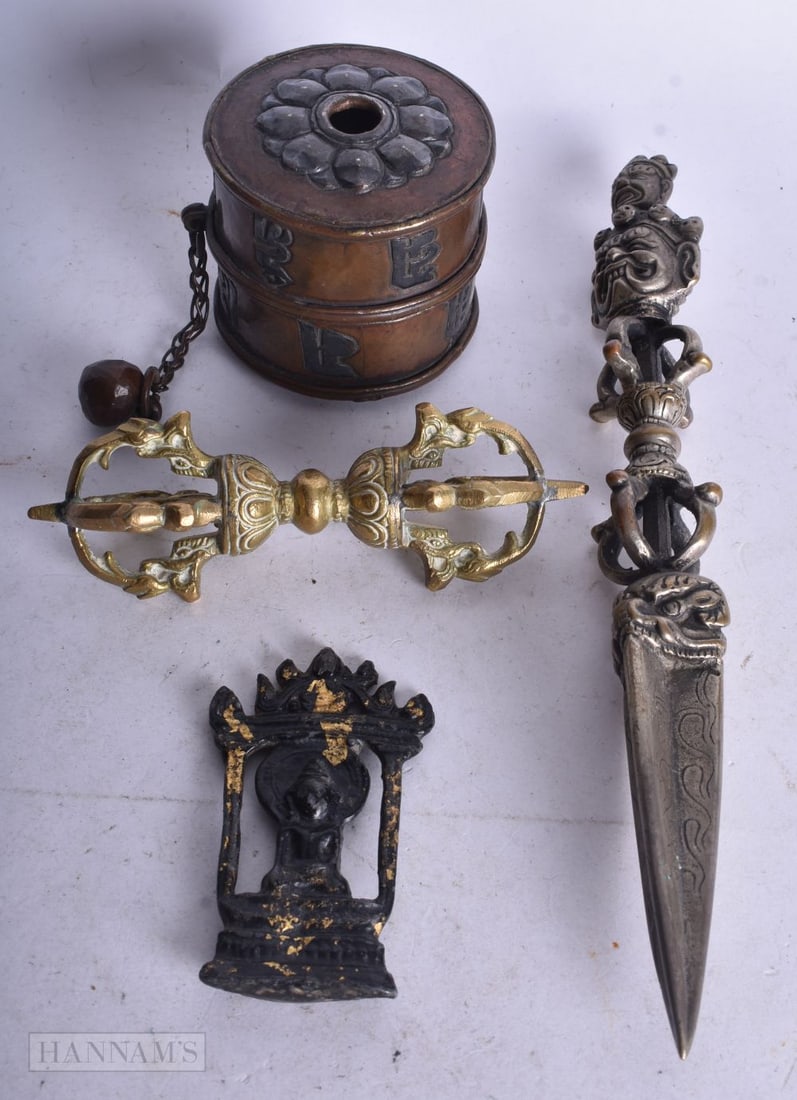 A COLLECTION OF TIBETAN BRONZE AND OTHER METAL WARES.. Largest 23 cm (4): A COLLECTION OF TIBETAN BRONZE AND OTHER METAL WARES.. Largest 23 cm (4)