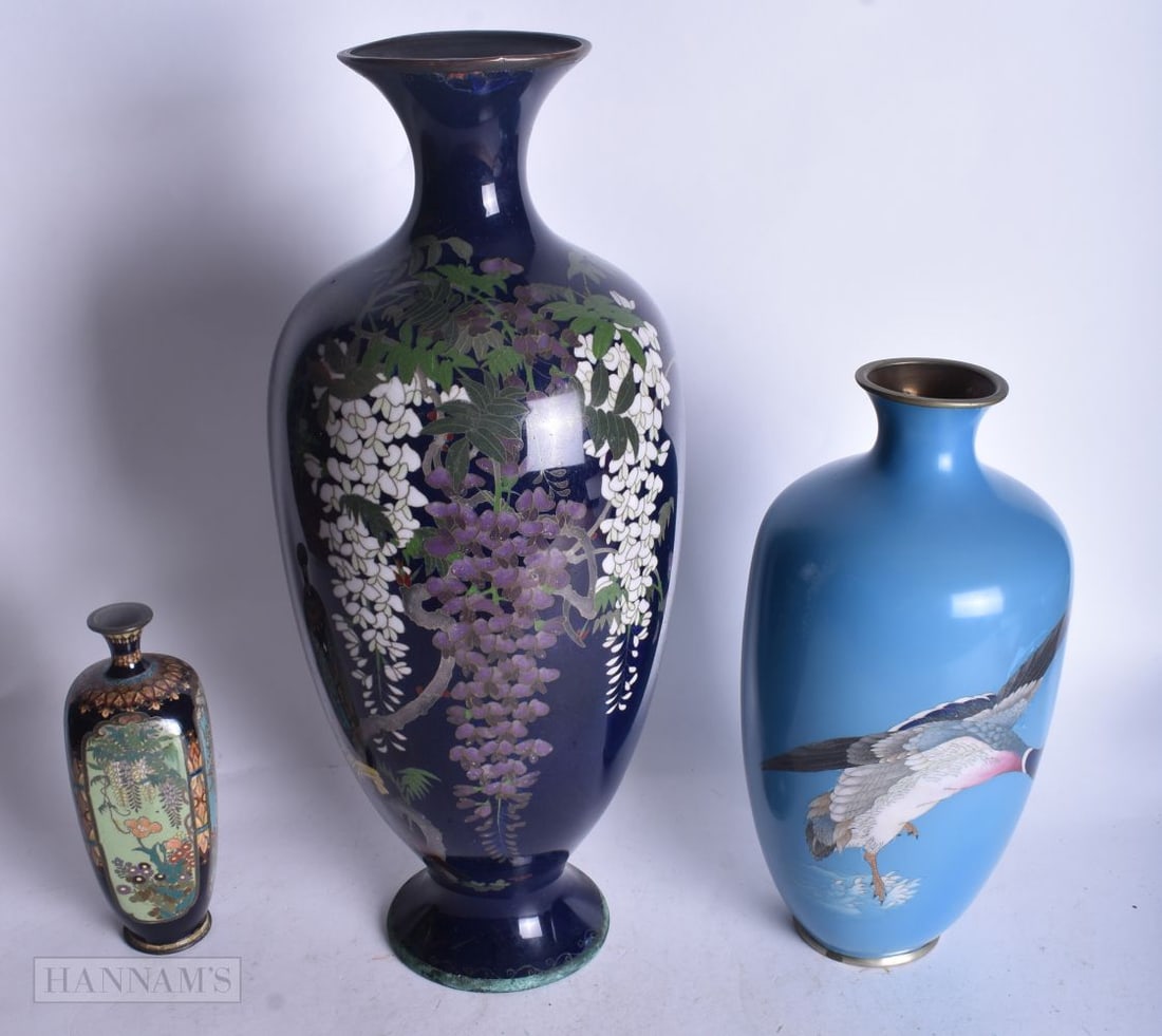 THREE MEIJI PERIOD CLOISONNE VASES. Largest 37cm (3) (1 of 4)