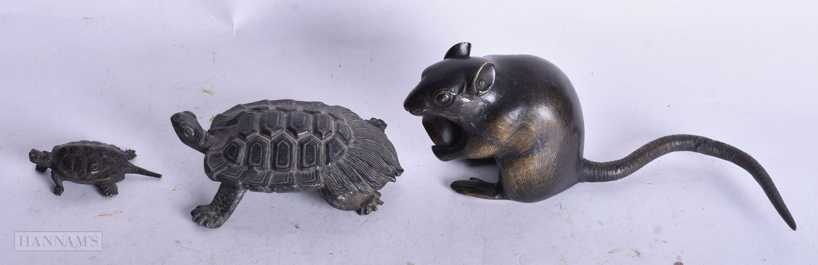 A COLLECTION OF MEIJI PERIOD JAPANESE BRONZES FORMED AS A RAT AND TORTOISE. Largest 17 cm (3) (1 of 3)