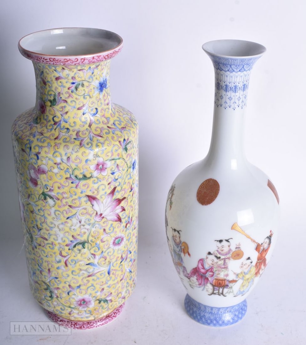 TWO REPUBLICAN PERIOD PORCELAIN VASES ONE DEPICTING BOYS WITH INSTRUMENTS. Largest 24 cm high (2) (1 of 4)