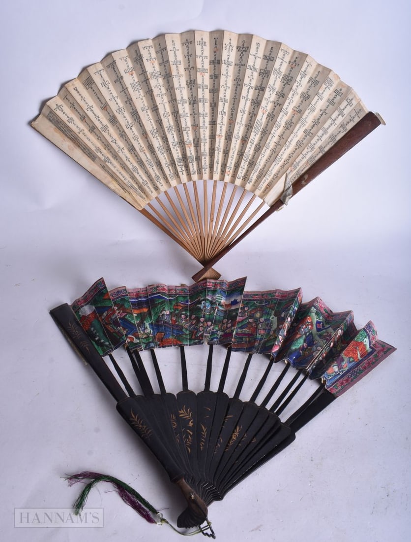 A CHINESE EXPORT FAN DEPICTING A THOUSAND FACES together with a Chinese map folding fan. 30 x 50 cm. (1 of 2)