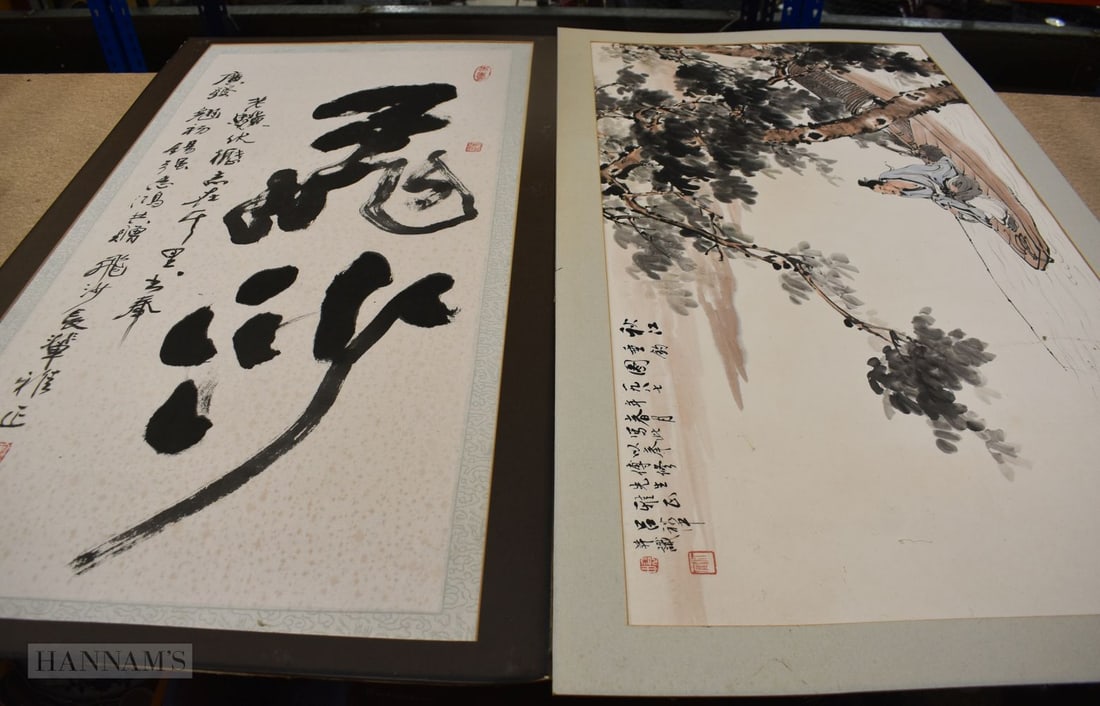 A CHINESE LANDSCAPE PAINTING DEPICTING A MAN FISHING ON A BOAT TOGETHER WITH INK CALLIGRAPHY PAINTIN (1 of 5)