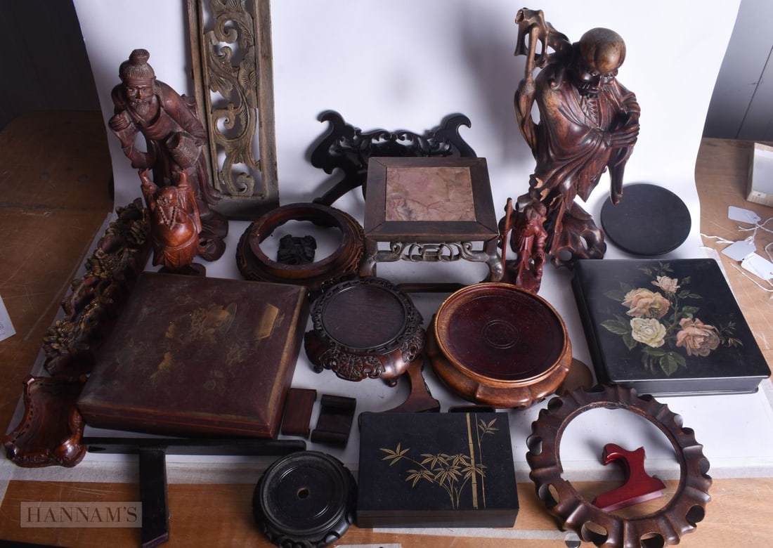 A COLLECTION OF HARDWOOD STANDS etc. Largest 34 cm (1 of 4)