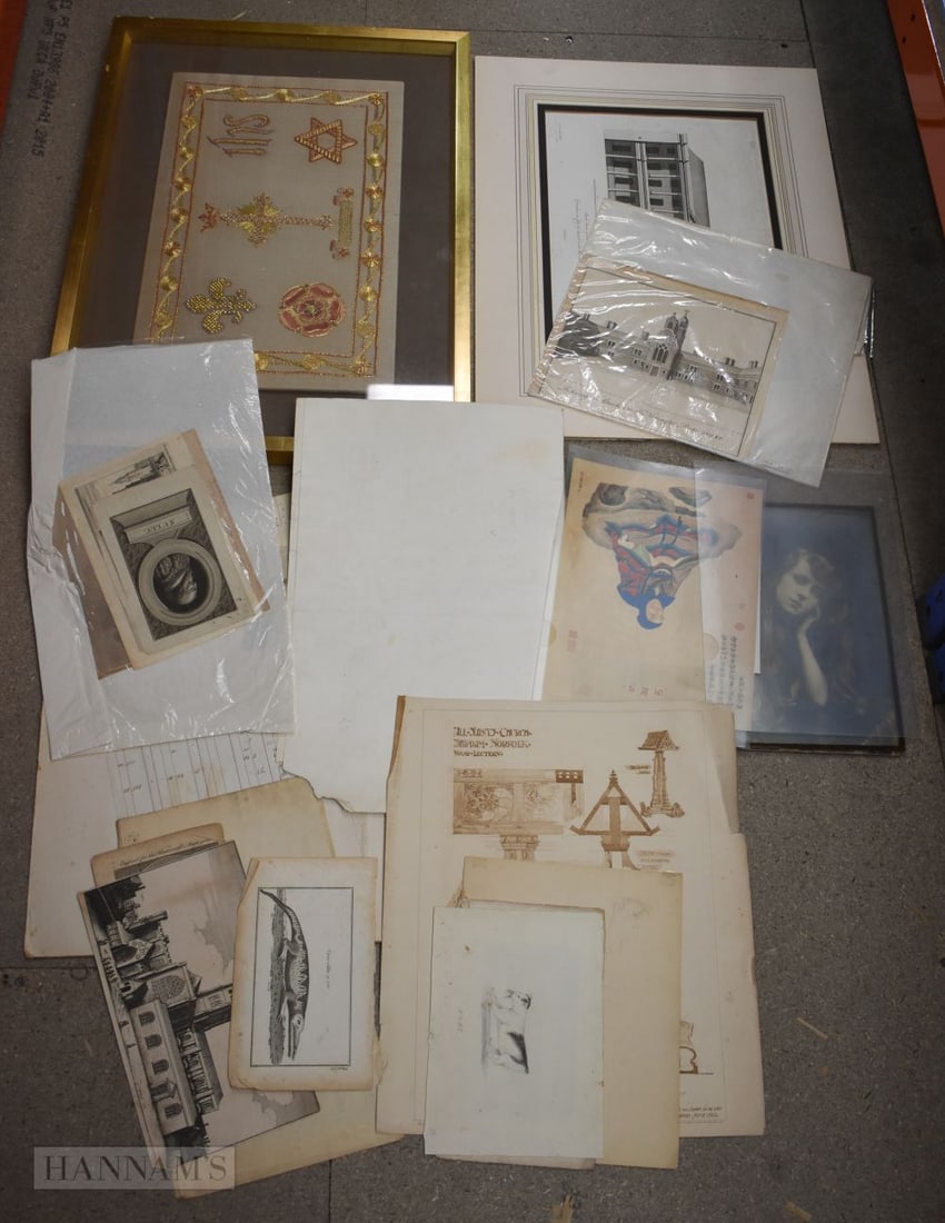 A COLLECTION OF PRINTS TOGETHER WITH A FRAMED EMBROIDERY. Largest 64 x 46 cm (1 of 4)