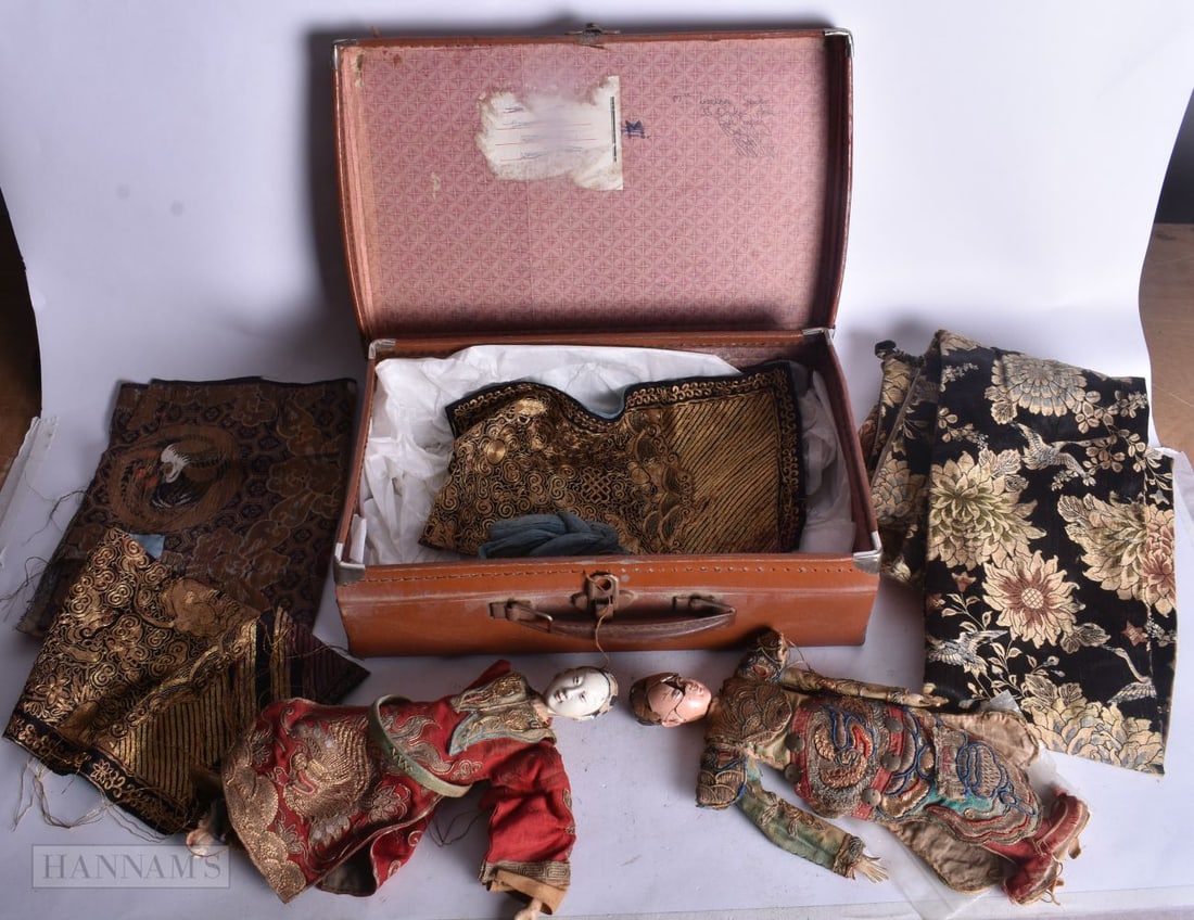 TWO CHINESE DOLLS TOGETHER WITH A COLLECTION OF EMBROIDERIES. Largest 130 cm (1 of 4)