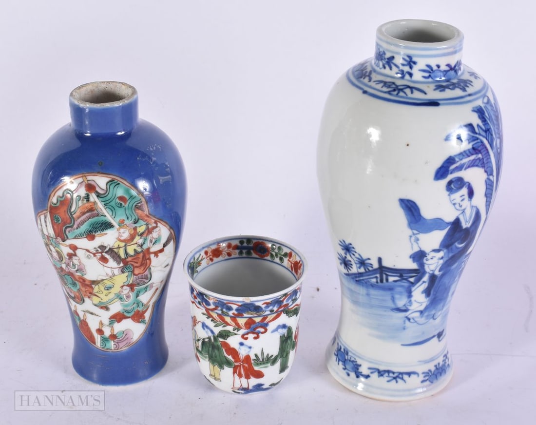A CHINESE BLUE AND WHITE BALUSTER VASE TOGETHER WITH A FAMILLE ROSE POWDER BLUE GROUND VASE AND A WU (1 of 3)