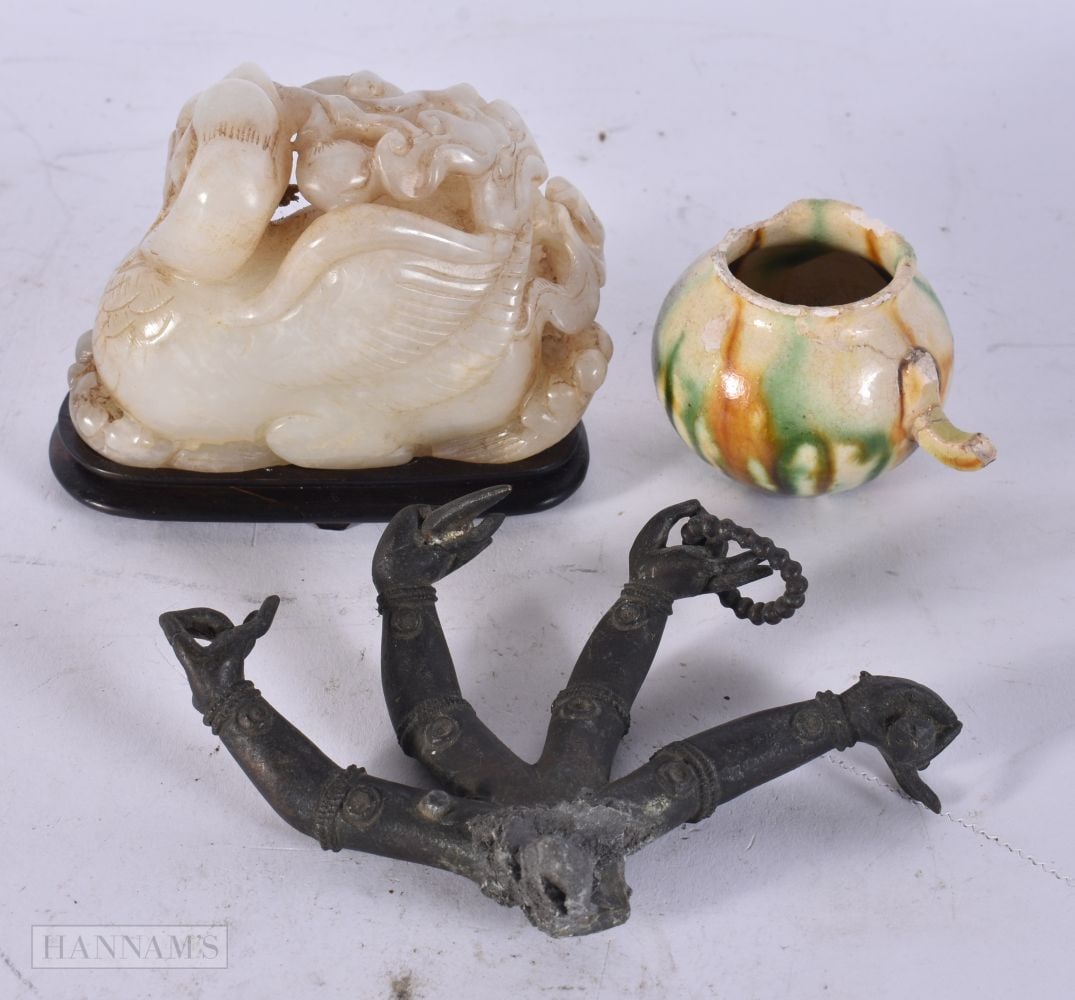 A CHINESE CARVED WHITE JADE AUSPICIOUS GROUP TOGETHER WITH TWO CHINESE COLLECTABLES. 6.5 x 10 cm. (3 (1 of 3)