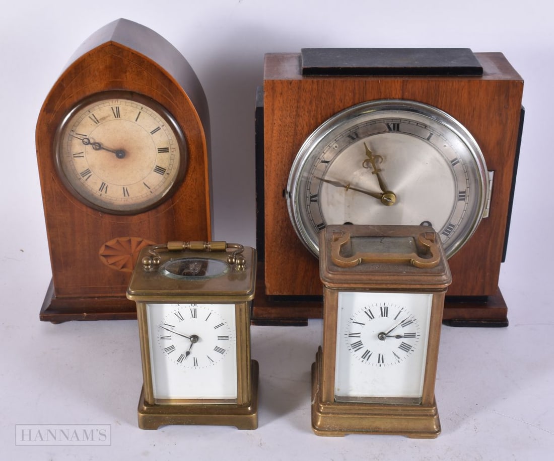 A COLLECTION OF CLOCKS including mahogany mantel clock, brass carriage clock etc. largest 20 x 18.5 (1 of 5)