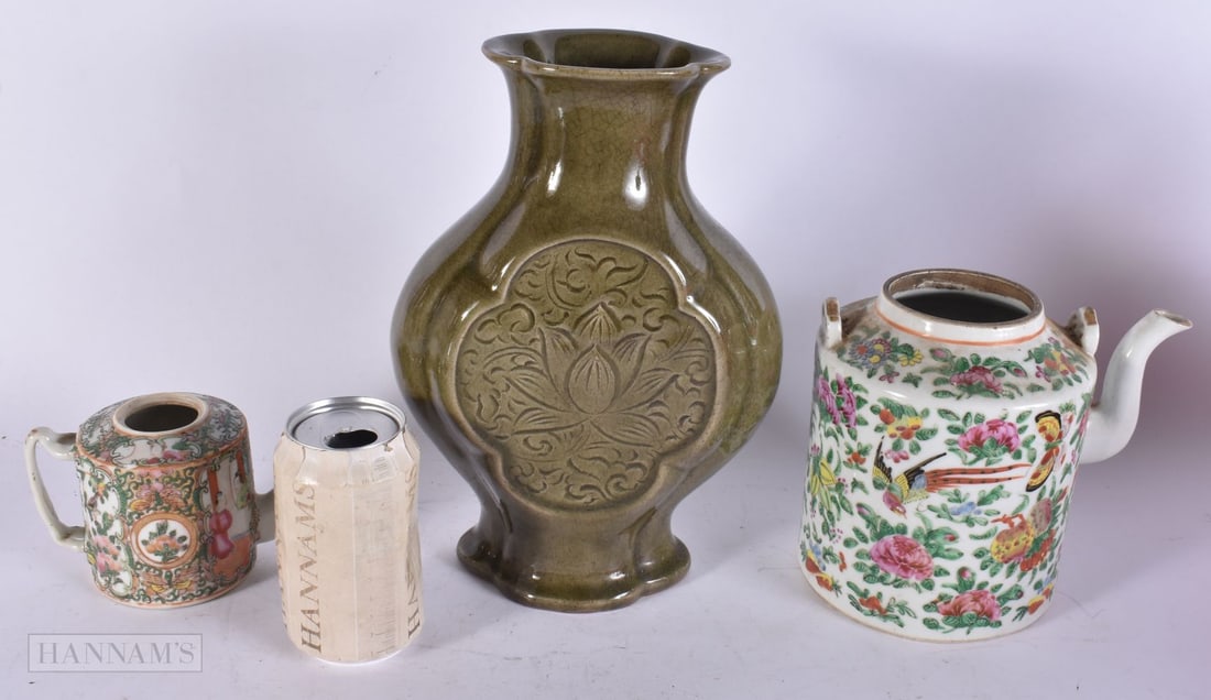 A CHINESE CELADON CRACKLE GLAZED LOBBED VASE TOGETHER WITH TWO FAMILLE ROSE TEAPOTS. 17.5 x 19 cm. ( (1 of 3)