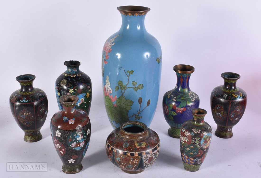 A COLLECTION JAPANESE MEIJI PERIOD CLOISONNE ENAMEL VASES. largest 30 x 10 cm. (8) (1 of 3)
