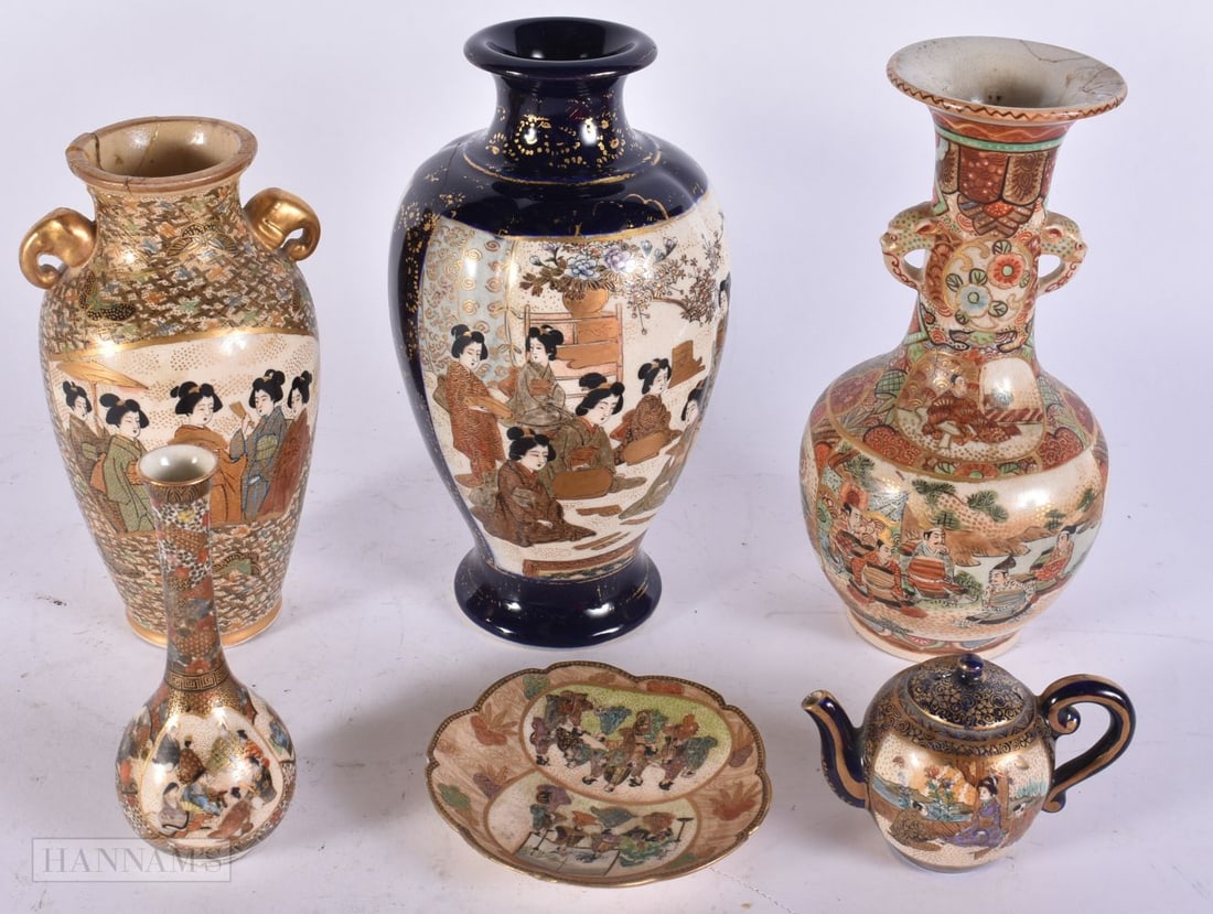 A COLLECTION OF JAPANESE PORCELAIN SATSUMA WARES including vases, a teapot and a miniature saucer. l (1 of 3)