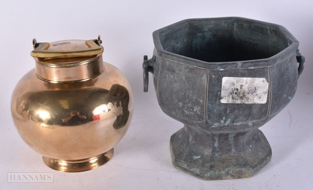 A INDIAN BRASS WATER VESSEL TOGETHER WITH A PEWTER PLANTER. 18 x 21 cm. (2): A INDIAN BRASS WATER VESSEL TOGETHER WITH A PEWTER PLANTER. 18 x 21 cm. (2)