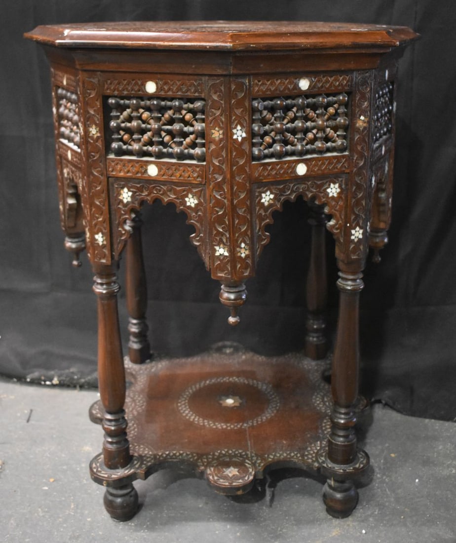 A LATE 19TH CENTURY MIDDLE EASTERN RETICULATED MOTHER OF PEARL TABLE. 73 cm x 56cm (1 of 7)